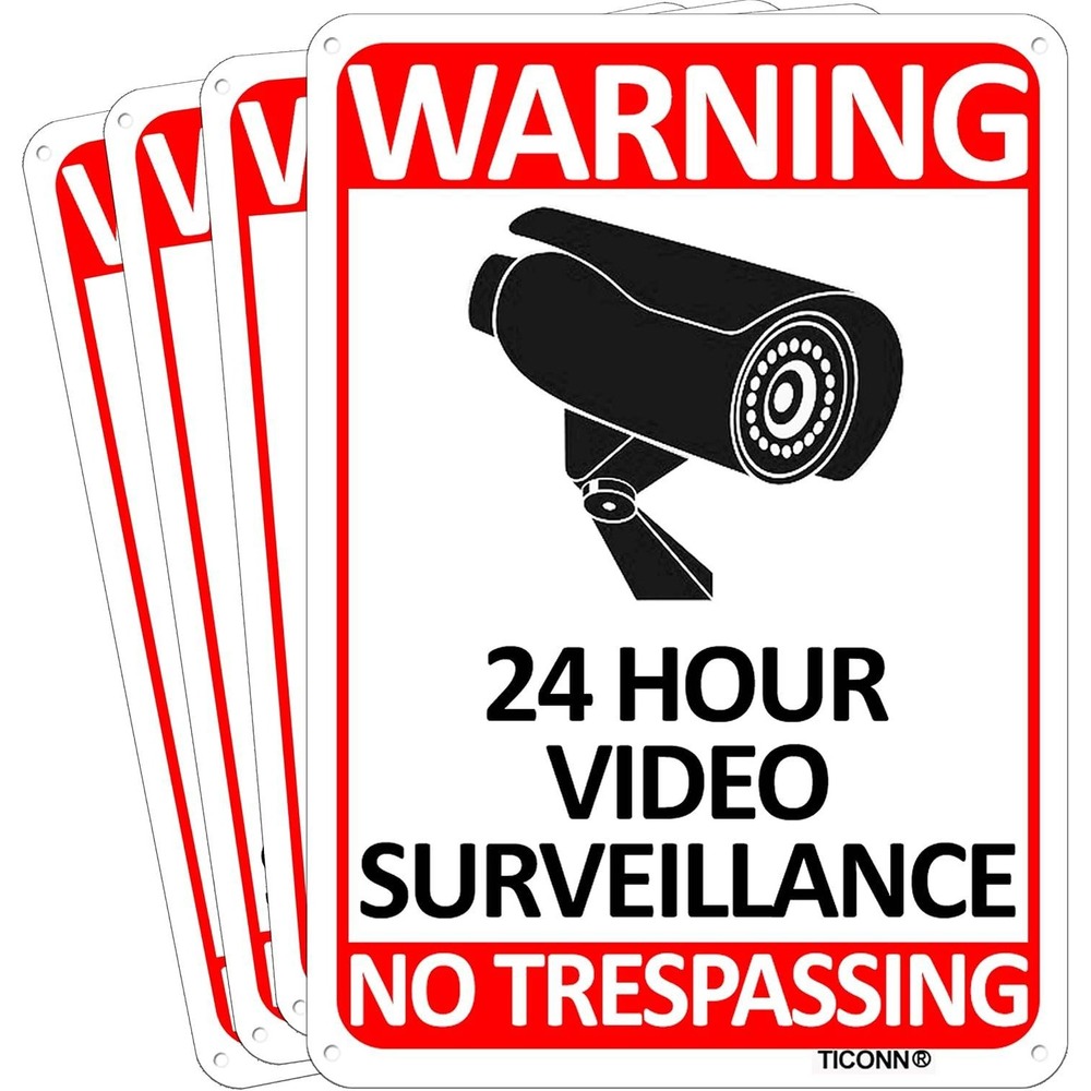 Pack of 4 TICONN 24 Hour Video Surveillance Sign 10x7" No Trespassing Aluminum